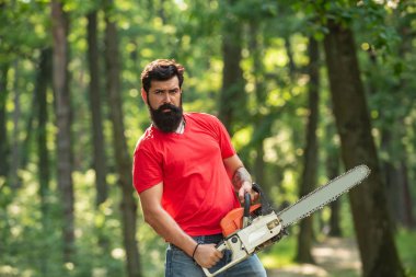 Sakallı yakışıklı bir genç adam ağaç taşır. Yasadışı günlük bugün devam ediyor. Elektrikli testere balta ile ormanda Lumberjack.