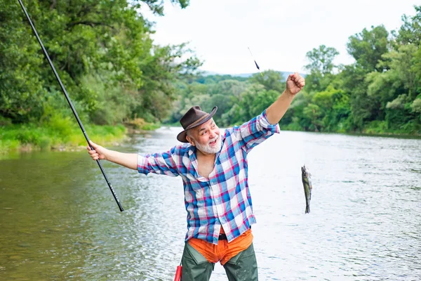 Steelhead rainbow trout. Fly rod and reel with a brown trout from a stream. Excited senior Fisherman. — Stock Photo, Image