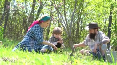 Sakallı adam çiftçi ve pin-up retro Mather çiftlikte çalışan oğlu öğretim. Mutlu aile çiftçilerbahar alanında spud ile çalışıyor. Eko yaşam. Retro aile çiftçileri.