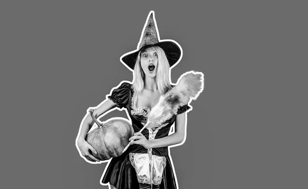 Baner na Halloween. Straszny twarz Housekeeper. Reklama koncepcja Halloween z izolowanymi naklejkami. Gospodyni domowa Witch z dyni. Halloween sukienki na wiedźmę. — Zdjęcie stockowe