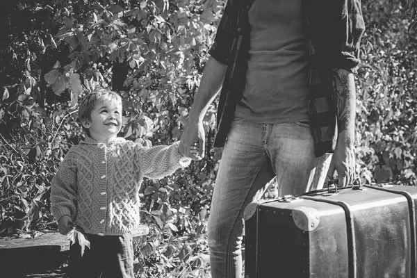 Child love. Parent teach baby. Man with beard, dad with young son in autumn park. We like autumn time together. Childhood concept. — Stock Photo, Image