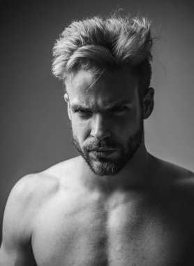 Tatlı adam portresi. Adamın yüzü. Yakışıklı sakallı adam - yarısı gri arka plan üzerinde karşı karşıya. Sad ve stres bir adam. Hippi. Moda, şık erkek model mans