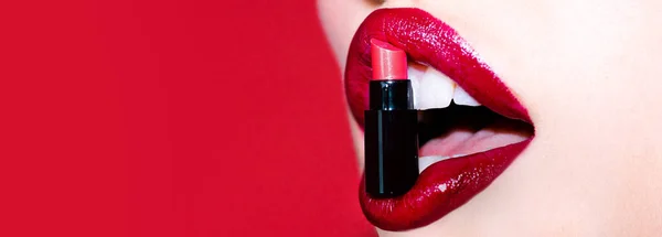 Sensual lips - on red isolated. Beauty trends. Beauty sensual lips. Perfect red lips makeup. Beautiful young woman healthy lips. — Stock Photo, Image