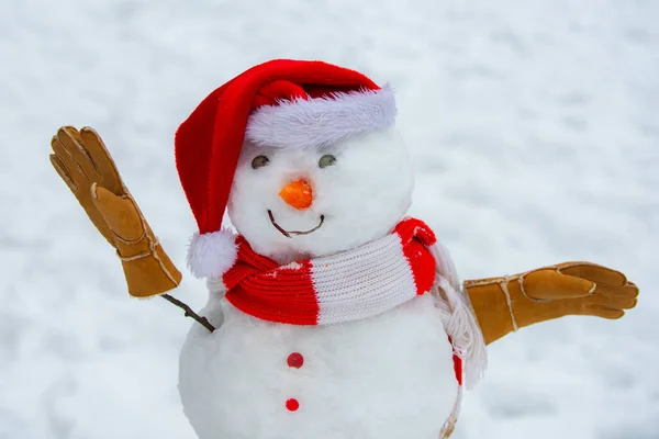 Conceito de ano novo. Boneco de neve engraçado em chapéu elegante e cachecol no campo nevado. Fazendo boneco de neve e inverno divertido. Feliz boneco de neve engraçado na neve. Boneco de neve artesanal na neve ao ar livre — Fotografia de Stock