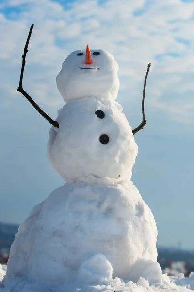 Снеговик желает тебе счастливого Рождества. Счастливого зимнего времени. Смешные снеговики. Милый маленький снеговик на улице. Новогодняя концепция. Снеговики . — стоковое фото