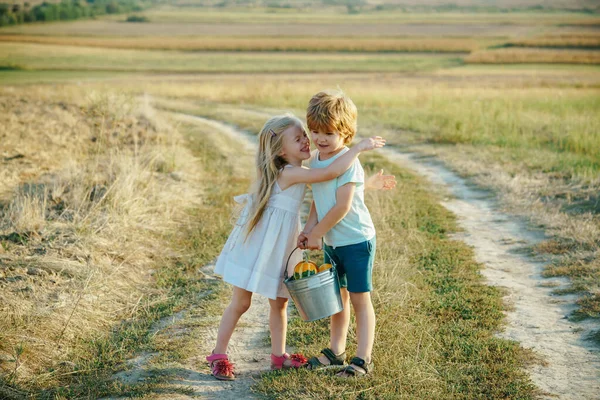 Concepto de niño agricultor. Eco vivir. Niños felices granjeros divirtiéndose en campo de primavera. Niños agricultor en la granja con fondo rural. Vida de granja americana. Actividades eco resort . —  Fotos de Stock