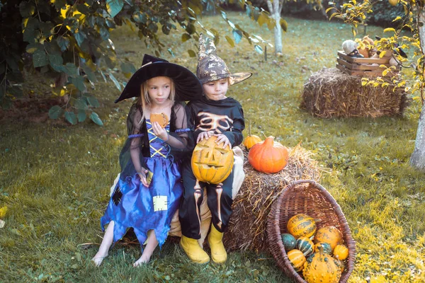 Halloween kinderfeestdagen concept. Happy Halloween Kinderen meisje en jongen zitten op hooi of stro op weide in de herfst. — Stockfoto