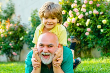 Büyükbaba gün batımında torununu taşırken parkta eğleniyor. Aile geleneği. Baba oğul ve büyükbaba birlikte dinleniyorlar. Sevgi dolu bir aile. Babalar Günü.
