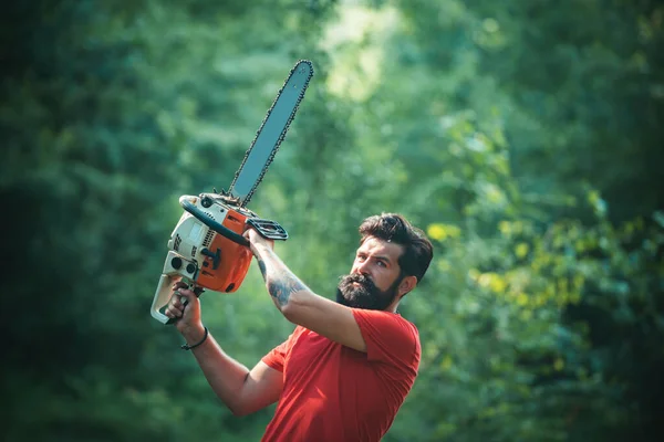 Träarbetare skogshuggare. Skogshuggare på allvar bär motorsåg. Man gör mans jobb. Skogshuggare som går i skogen med motorsåg. — Stockfoto