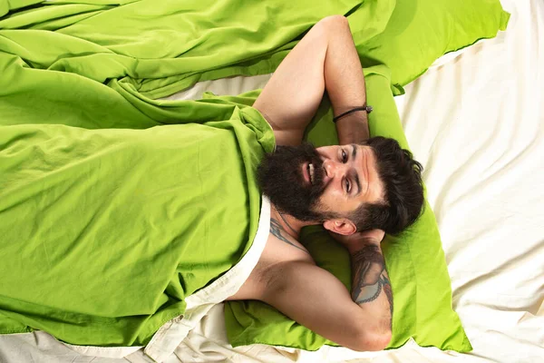 Wake up. Sleeping time. Man bearded hipster having problems with sleep. — Stock Photo, Image