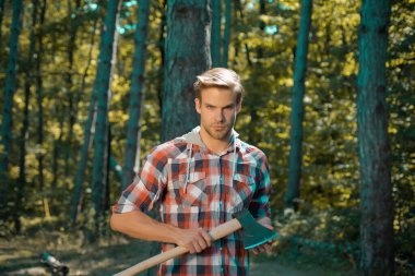 Odun yenilenebilir enerji kaynağı olarak kullanılıyor. Yakışıklı marangoz oduncu ekose gömlek yeşil doğa arka planında baltayı tutuyor. Ormanda baltayla duran oduncu işçi..