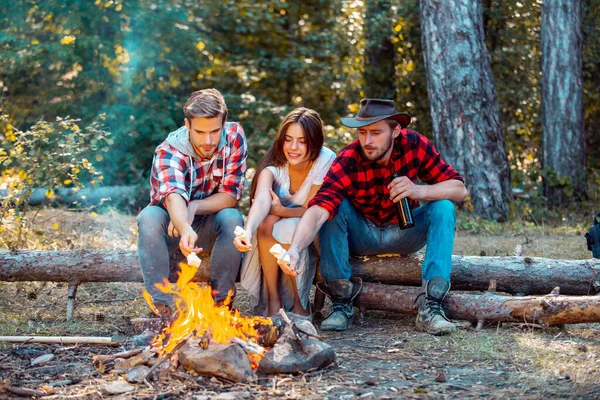 Friends relaxing near campfire after day hiking or gathering mushrooms. Friends enjoy weekend camp in forest. Enjoying camping holiday in countryside.