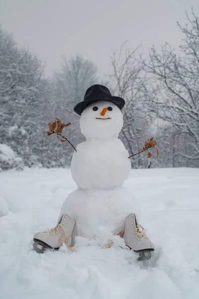 Boneco de neve engraçado com uma cenoura em vez de um nariz e em um chapéu tricotado quente em um prado nevado em um fundo de neve borrado. Homens de neve . — Fotografia de Stock
