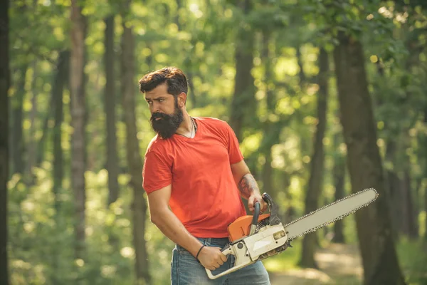 La deforestación es una de las principales causas de degradación de la tierra y desestabilización de los ecosistemas naturales. Madera sosteniendo la motosierra . — Foto de Stock