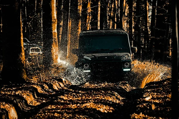 Roues de mouvement pneus et hors route qui va dans la poussière sur le sable. Expédition hors route. Camion sport hors route entre paysage montagneux. Véhicule tout-terrain va sur la route de montagne. Meilleurs véhicules hors route . — Photo