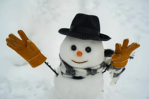 Leuke sneeuwpoppen staan in Winter Kerst landschap. Winter Art Greeting Card. Snowman wens u vrolijk kerstfeest en gelukkige vakantie — Stockfoto