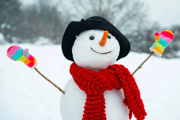 Grappige sneeuwpop met stijlvolle hoed en sjaal op besneeuwd veld. De ochtend voor Kerstmis. Grappige sneeuwpoppen. Sneeuwman met een zak met geschenken. Sneeuwman staat in winterhoed en sjaal met rode neus — Stockfoto