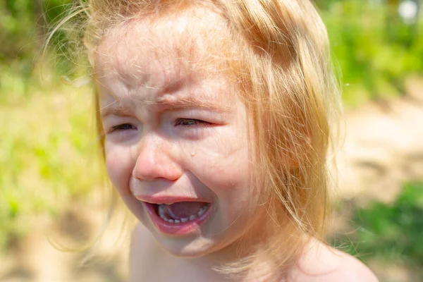 Słodkie dziecko płacze. Dziecko bawi się na dworze. Spacer po wsi. — Zdjęcie stockowe