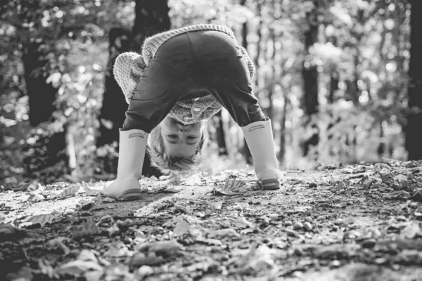 Gelukkige jeugd. Grappige Hallo in in de herfst bos voor een wandeling. Actieve kind en comfortabele kind kleren concept. Grappige childrens vormen. Zorgeloze kindertijd. — Stockfoto