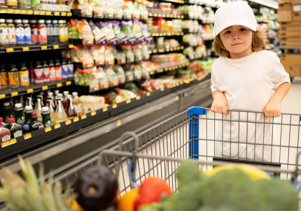 Bambino carino con carrello della spesa con prodotti. Bambino divertente con carrello della spesa con nel negozio di alimentari . — Foto Stock