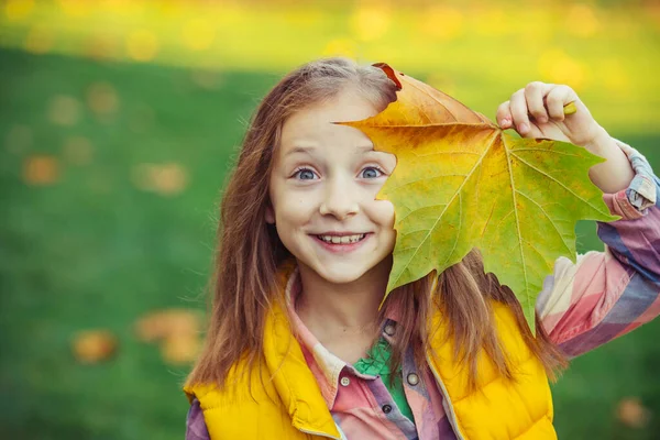 Boldog kislány őszi levelekkel a szabadban. Aranyos kislány az Őszi Parkban. Kislány őszi levelekkel a kezében. Boldog gyerek őszi háttérrel. — Stock Fotó