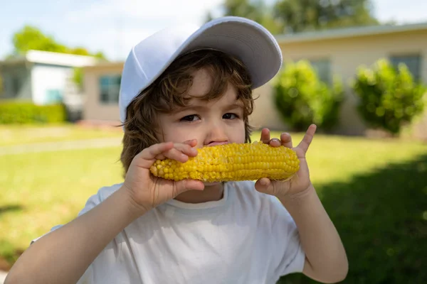 Conceito de agricultura e culturas de outono. Um rapazinho a comer milho na espiga. Rapazinho com legumes de milho. Alimentos saudáveis em casa . — Fotografia de Stock