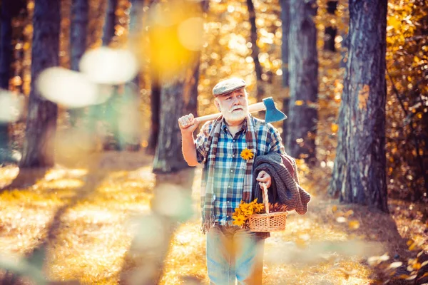 Sunny weather. Portrait of aged man with beard. Mature man with beard in hat. Outdoor portrait. Woodman in forest. Human and nature. Funny bearded man. Natural background. Rest in forest. — Stock Photo, Image