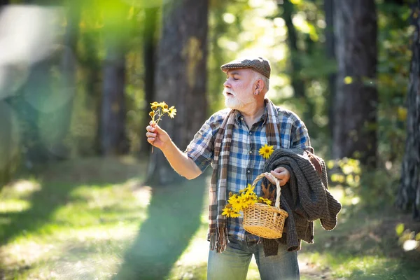 Homem com barba de chapéu. Homem feliz com barba e bigode segurar flores. Um matador barbudo engraçado. Velho hipster. Avô engraçado em chapéu na floresta. Pessoa barbuda em chapéu em um fundo de árvores . — Fotografia de Stock