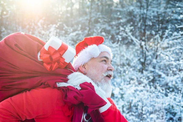 サンタの顔を閉じて。冬のクリスマスグリーティングカード。サンタクラスと森や雪の冬の風景。クリスマス前の朝. — ストック写真