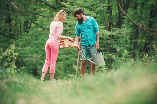 Hausgemachte Biolebensmittel. Frau und Mann pflanzen im Gemüsegarten. Familie von Landarbeitern. — Stockfoto