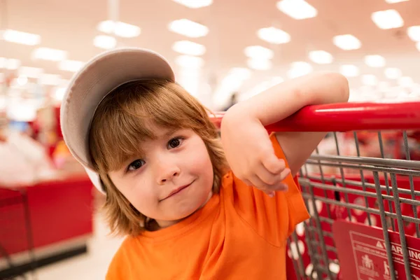 Маленький милый мальчик с корзиной, полной свежих органических овощей и фруктов, стоящих в продуктовом отделе продовольственного магазина или супермаркета . — стоковое фото