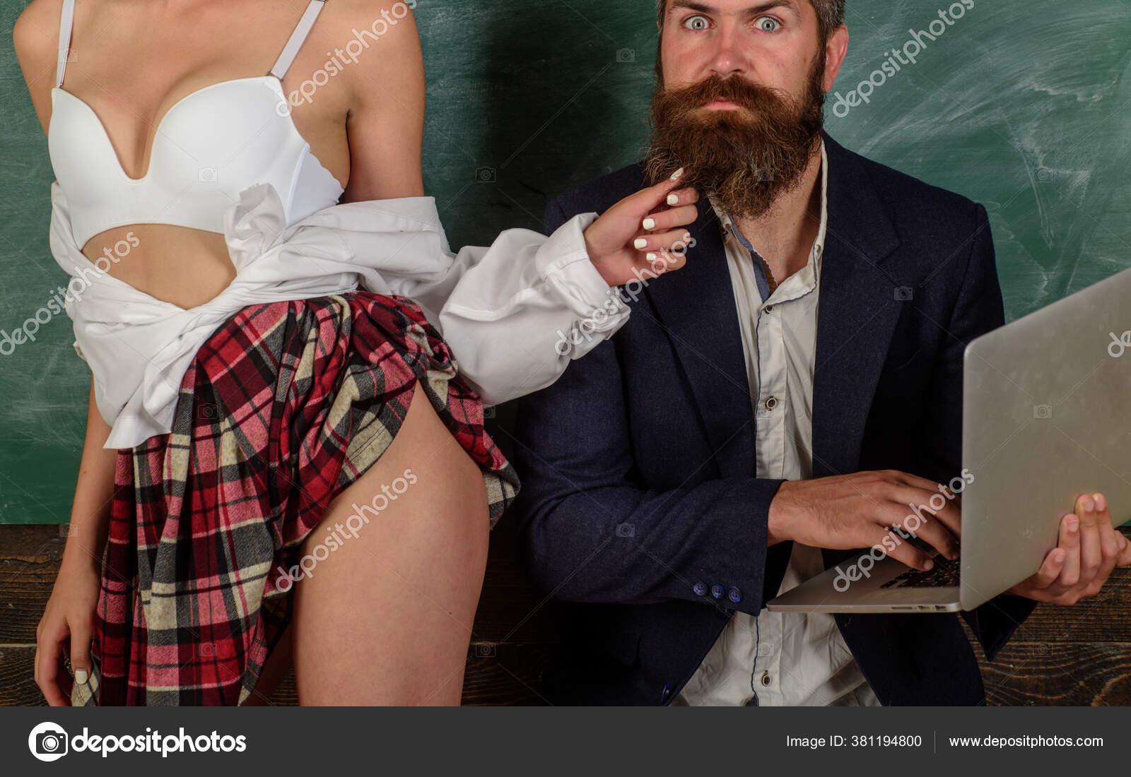 Man experienced bearded teacher and seductive female sexy boobs. Learning  sexy female body. Sexual life concept. Desirable student sexy breasts. Sex  education. Sex role game. Guy laptop erotic video Stock Photo by ©