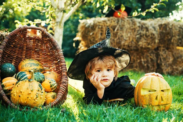 İskelet kostümlü Cadılar Bayramı çocuğu sonbahar parkında oynuyor. Komik çocuk. Aklımda sadece eğlence var.. — Stok fotoğraf