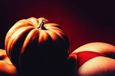 Cadılar Bayramı kutluyor. Kabak kadın seksi popo ve arka ile. Uzay kopyalayın. İç çamaşırı satışa. Hallowen kabak ile şehvetli butt. Kutluyor ve sonbahar Satılık.
