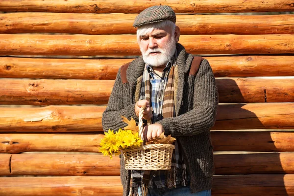 Old hipster man with flowers. Portrait of aged man with beard. Happy man with beard and mustache hold basket of flowers. Outdoor portrait. Wooden background. — Stock Photo, Image