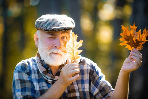 Szczęśliwego seniora spacerującego jesienią po przyrodzie. Jesienny portret dziadka. Jesienne i aktywne wakacje. Szczęśliwy starszy mężczyzna patrzący w kamerę. — Zdjęcie stockowe