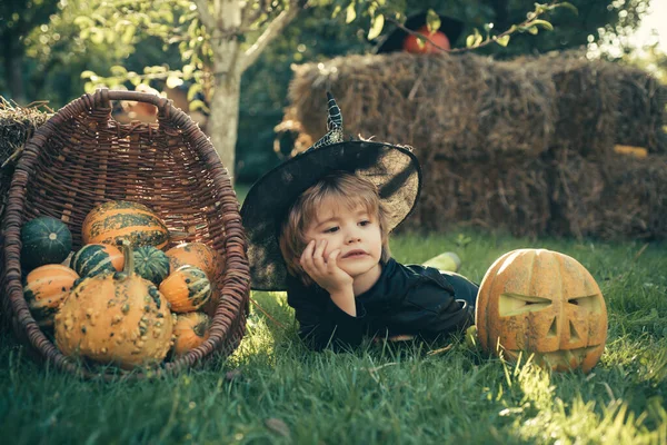 Un ragazzino ad una festa di Halloween. Bambino all'aperto nella natura. Bambini allegri giocano . — Foto Stock