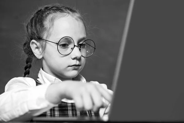 Terug naar school en thuisonderwijs. Kleine leerling met laptop. Portrair sluit af. Kind in de buurt van schoolbord in de klas. — Stockfoto
