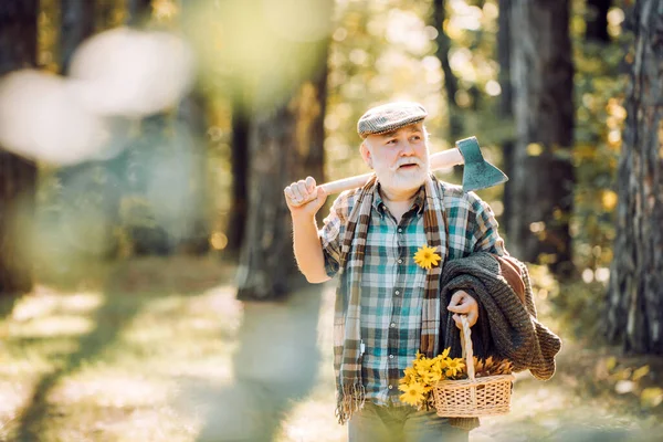 Bearded man relax in forest. Smiling old forester with axe and flowers. Happy man with beard and mustache hold axe. Elderly male walk in forest. Bearded man in hat on a background of trees. — Stock Photo, Image