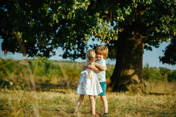 Glada små vänner som kramas på landet. Barn omfamnar varandra. Roliga ungar, gullig liten pojke som kramas gulligt av gult fält. Alla hjärtans dag. — Stockfoto