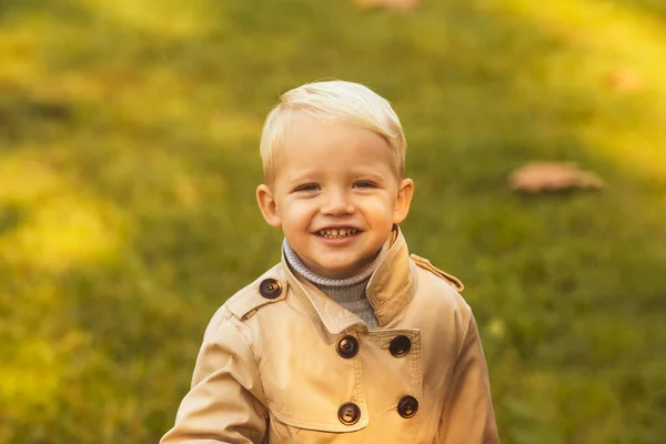 Niños diversión al aire libre en otoño. Niño feliz caminando en el Parque de Otoño. Retrato de otoño de un hermoso niño preescolar en el parque. Pequeño niño lindo en el parque de otoño . —  Fotos de Stock