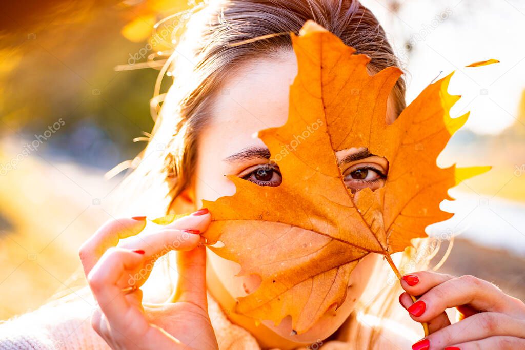 Beautiful young woman covering face with leaf. Close up portrait of Beautiful girl face near colorful autumn leaves. Cute woman holding autumn leafs in the nature.