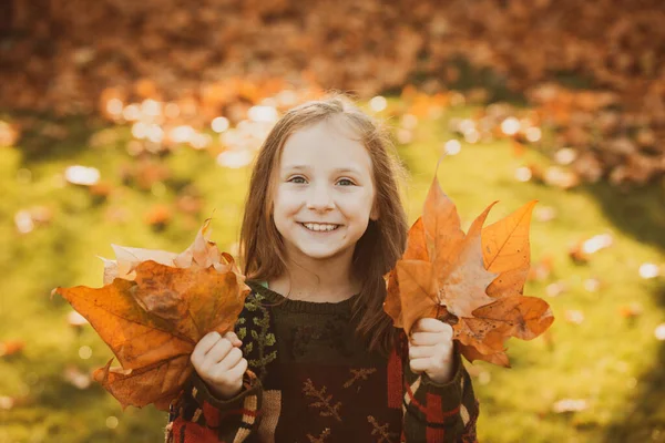 Miúdo engraçado ao ar livre no parque de outono. Adorável menina feliz brincando com folhas caídas no parque de outono. Menina feliz bonita se divertindo no parque de outono entre folhas caídas . — Fotografia de Stock