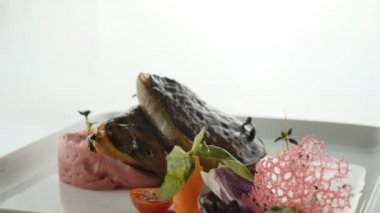 Restoran et menüsü. Dilimlenmiş dana etli lüks moleküler tabak. Restoran yemekleri, seçici odaklanma, döngü, 360.