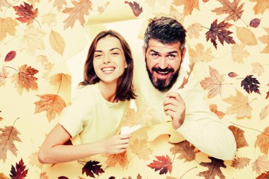 Sonbahar yaprakları üzerinde kazak giyen romantik bir çift. Sonbahar havası ve hava sıcak ve güneşli. Sonbahar indirimli indirimli sürpriz çift, sakallı adam ve çekici bir kız..