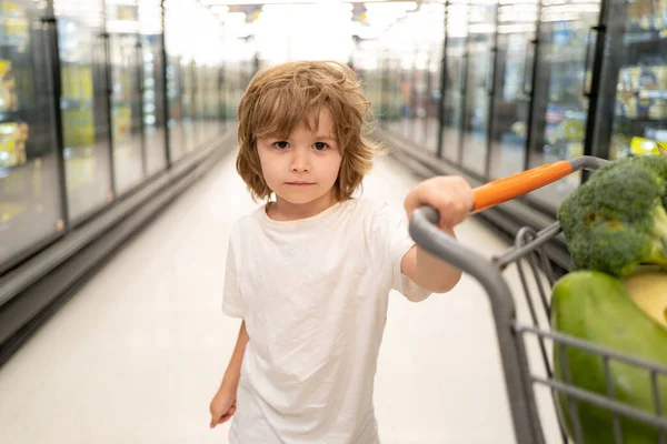 Alışveriş arabası ve ürünleri olan bir çocuk. Taze organik sebze ve meyve dolu alışveriş arabasıyla markette ya da süpermarkette duran küçük tatlı çocuk.. — Stok fotoğraf