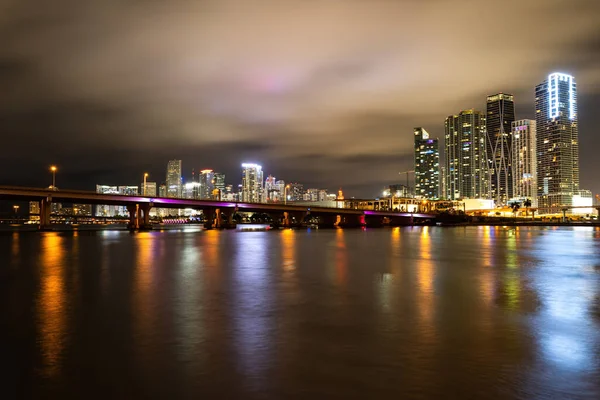 Miami night downtown. Bayside Miami Downtown MacArthur Causeway from Venetian Causeway.