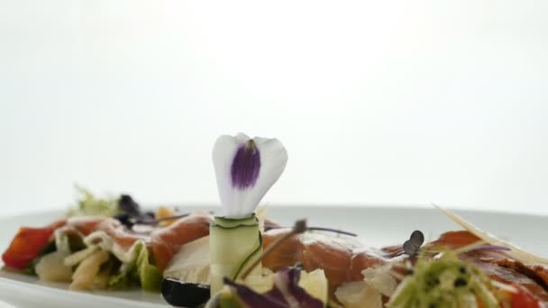 Eten elegant wit bord. Gourmet food, Appetizer op wit bord close-up. Voedsel elegante witte plaat. — Stockvideo