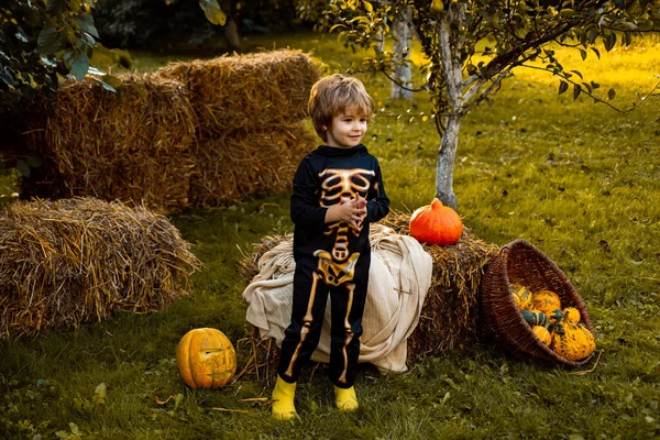 Halloween skeleton child. Boy sitting on the haystack. Little boy in skeleton costume playing in autumn park. Child outdoors in nature. Little child have fun on fresh air.