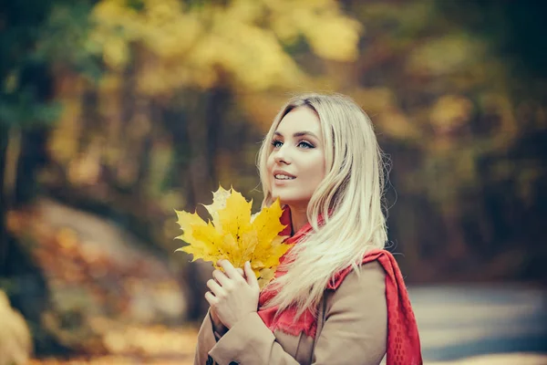 Foto de moda al aire libre de la joven hermosa mujer en hojas de otoño. —  Fotos de Stock
